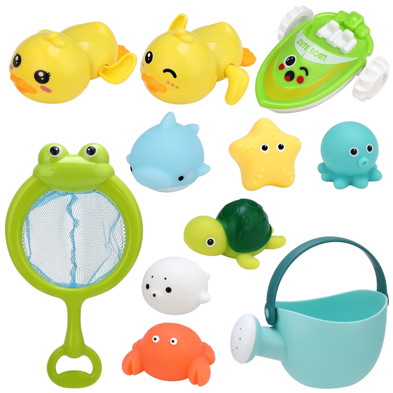 sixwipe Bath Toys for 6-12 Months+, Swimming Ducks Amphibious Dinghy Bath Toys for Toddlers 1-3, No Hole Animal Floating Pool Toys, Fishing Net Watering Can Bathtub Water Toys