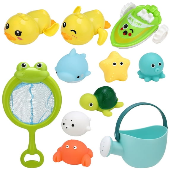 sixwipe Bath Toys for 6-12 Months+, Swimming Ducks Amphibious Dinghy Bath Toys for Toddlers 1-3, No Hole Animal Floating Pool Toys, Fishing Net Watering Can Bathtub Water Toys