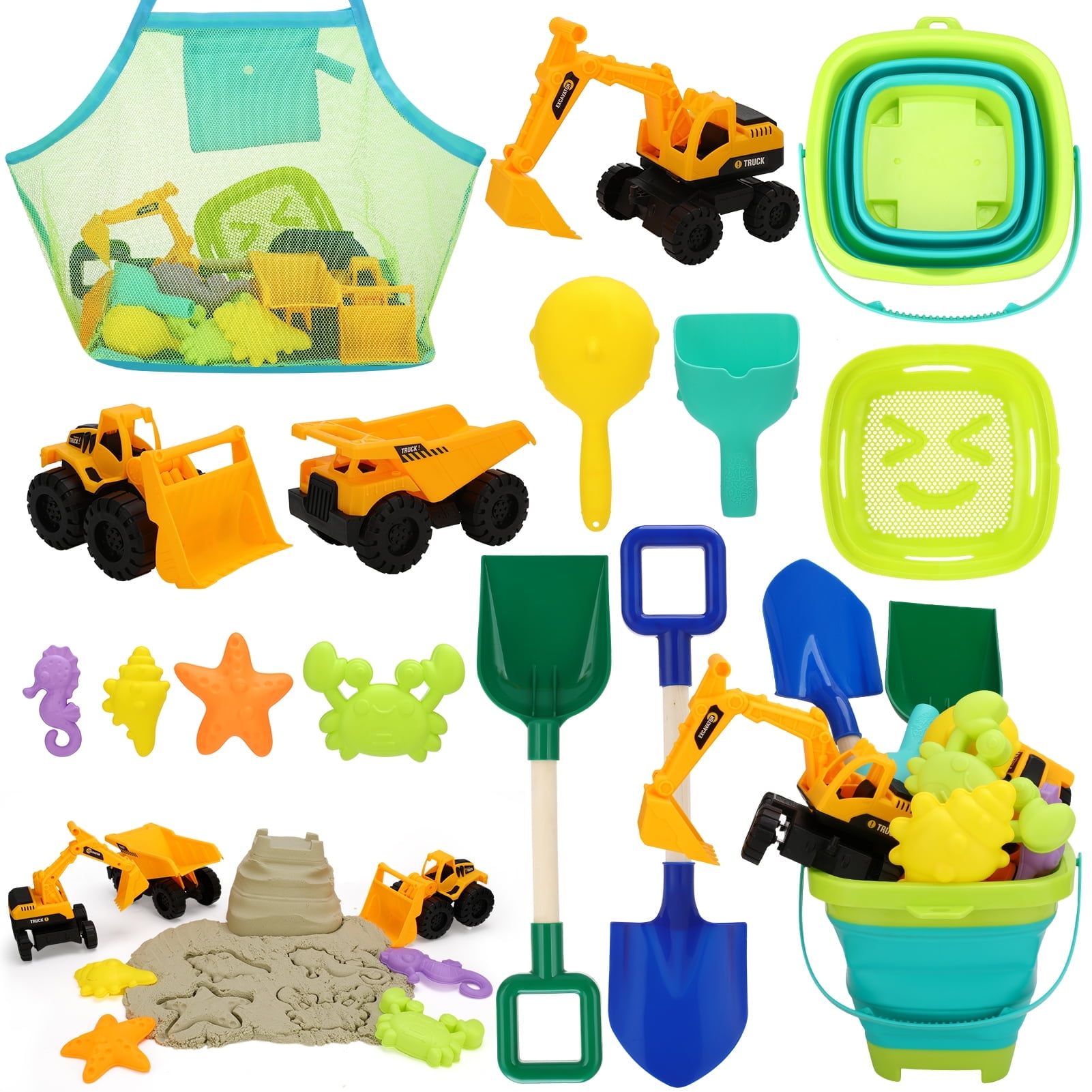 sixwipe Beach Toys, 14 Pcs Sand Toys, Sandbox Toys with 2 Truck 2 Collapsible Beach Bucket, Sand Castle Toys Kit, Animal Dinosaur Molds, Shovel Set, Mesh Bag, Travel Toys for Kids Toddlers Boys Girls