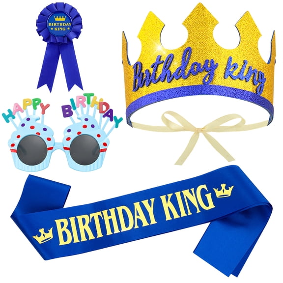 sixwipe Birthday Boy Party Dress Up Set, Glitter Sash Crown Hat Pin and Glasses, Happy Birthday King Costume Accessories, Birthday Party Favors Decorations Photo Props for Kids Men