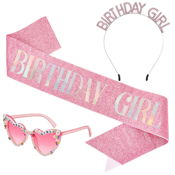 sixwipe Birthday Sash for Women Girls, Glitter Crown and Sash Kit with Happy Birthday Sunglasses, Birthday Queen Headband Tiara, Pink Princess Birthday Party Decorations Accessories