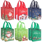 sixwipe Christmas Gift Bags with Handles, 12 Pack Reusable Non-Woven Tote Bags Xmas Party Supplies Presents Holiday Santa Claus Merry Christmas Pattern for New Years Shopping
