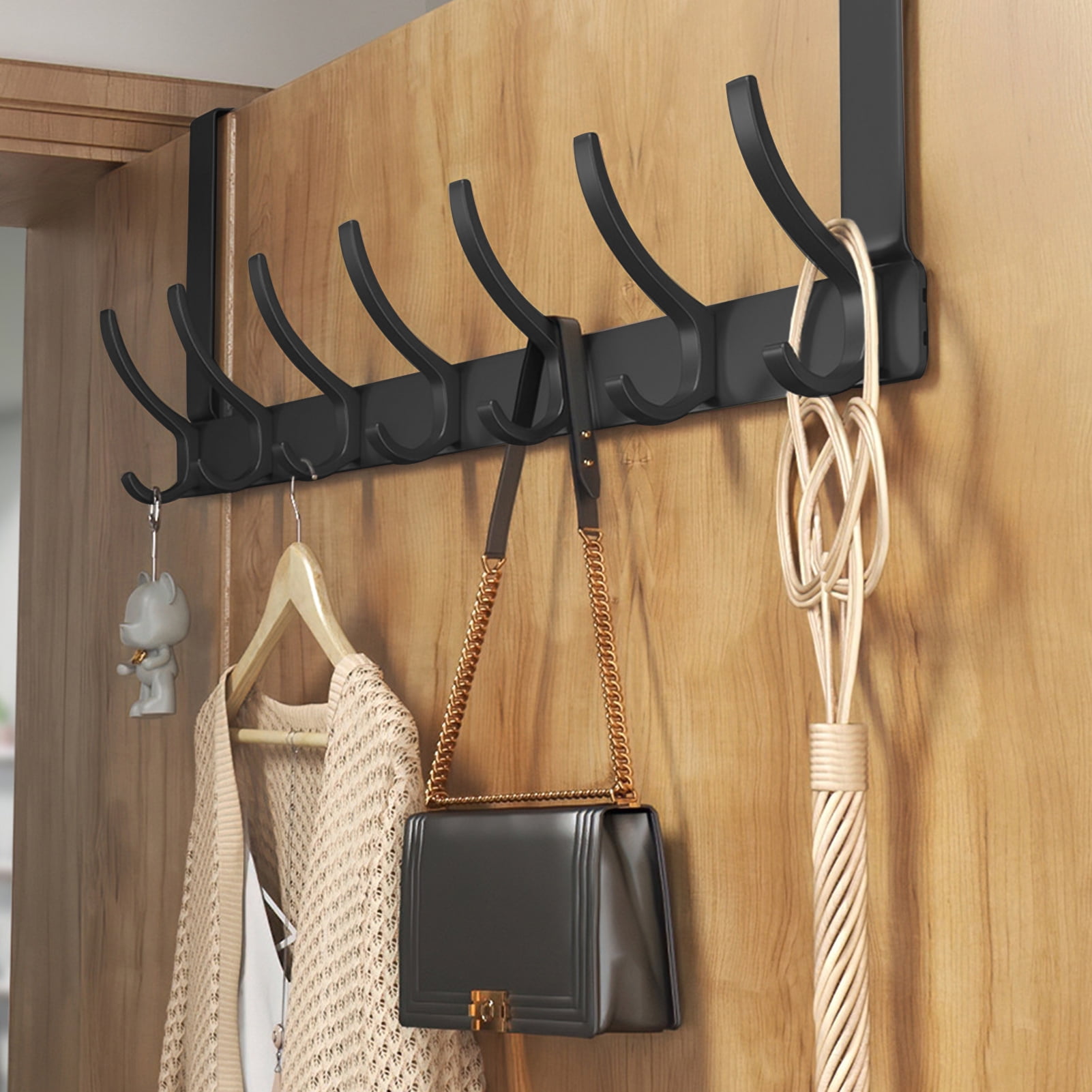 sixwipe Over The Door Hooks, Stainless Steel Heavy Duty Hanger Holder for Hanging Coat Robe Hat Clothe Towels, Behind The Door Hanger Hooks with 7 Double Dual Coat Hook, Fits 1-3/4" Thick Door