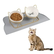 sixwipe Elevated Cat Bowls, 16.9 oz Double Ceramic Cat Bowls, 15 Degree Tilted Raised Stand for Food and Water, Anti Vomiting Pet Bowl for Puppy Cats and Small Dogs(Cat Bowls with Mat)