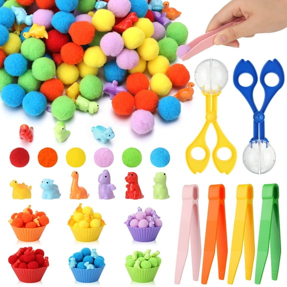 sixwipe Fine Motor Skills Toys for Early Sensory Education Color Sorting Matching Counting Training, Includes 12 Sorting Bowls, Assorted Tweezers, and 120 Colorful Plush Balls