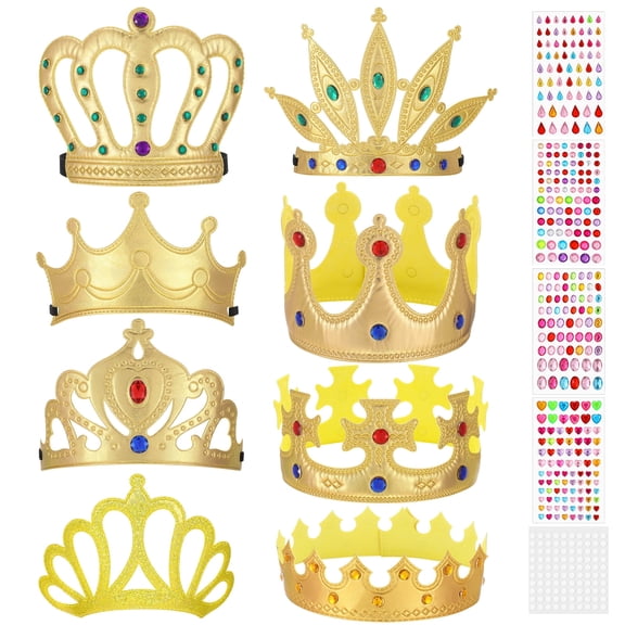 sixwipe 13 Pcs Gold King Crowns Set, DIY Birthday King Crown Craft to Decorate with Gem Stickers, Fabric Princess Prince Crowns Hats for Birthday Parties, Dress-Up Play