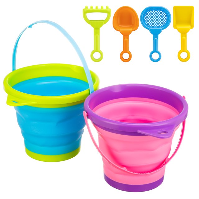 sixwipe Foldable Beach Bucket Set, 2 Pcs Buckets and 4 Pcs Shovels