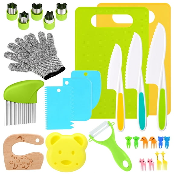sixwipe Kids Knife Set for Real Cooking, Kitchen Tools for Toddlers 3 -10 Year Old Boys Girls, Toddler Safe Knife Set with Gloves Cutting Board Fruit Vegetable Crinkle Cutters