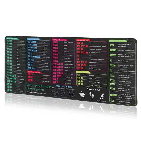 sixwipe Large Excel Shortcuts Mouse Pad (XXL), Non Slip 35.4 x 15.7 inches Excel Cheat Sheet Desk Pad, 3mm Thickened Gaming Mouse Mat with Stitched Edges for Work, Game, Office, Home