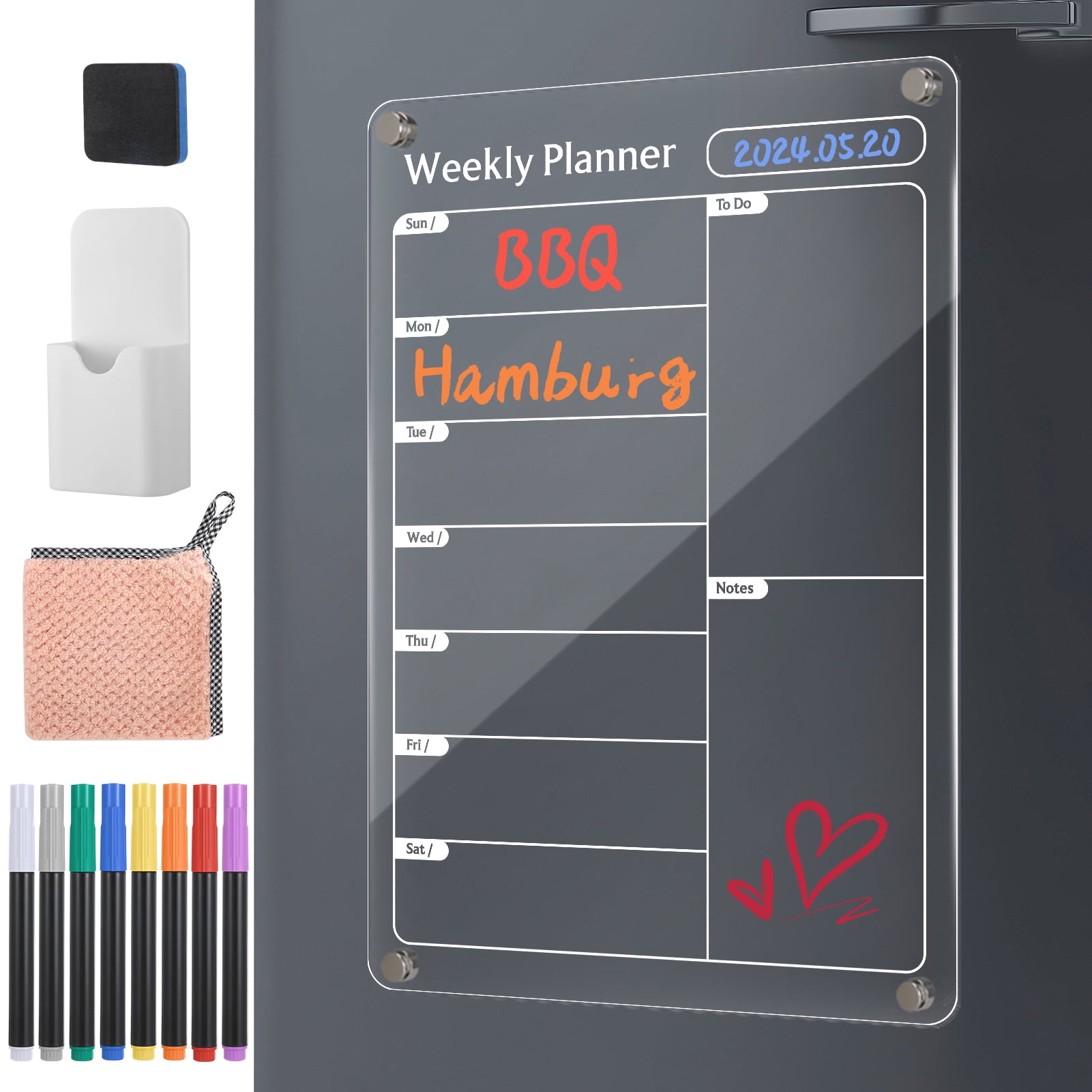 sixwipe Magnetic Menu Board for Fridge, 8"x12" Weekly Meal Planner Blackboard, Grocery List and Notepad for Kitchen Refrigerator Includes 8 Markers, Eraser, Rag