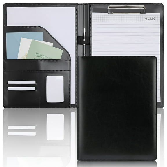 sixwipe Leather Portfolio Clipboard Folder, Business Resume Clipboard Binder Portfolio Folder with Writing Pad for A4 Document Organizer Office Conference