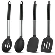sixwipe 4-Pack Silicone Cooking Utensils Set - Heat Resistant Non-Stick Kitchen Spatula & Spoon Set, Large Soup Ladle, Slotted Spoon & Solid Turner for Mixing, Serving, Cooking