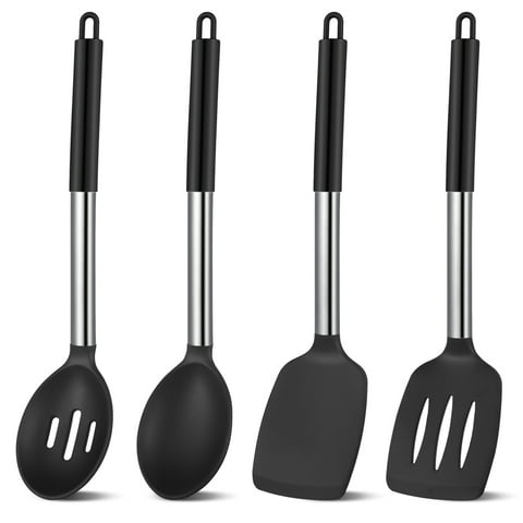 sixwipe 4-Pack Silicone Cooking Utensils Set - Heat Resistant Non-Stick Kitchen Spatula & Spoon Set, Large Soup Ladle, Slotted Spoon & Solid Turner for Mixing, Serving, Cooking