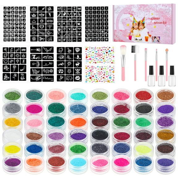 sixwipe Temporary Glitter Tattoo Kids, Adults & Kids Arts Glitter Make Up Kit, 48 Glitter Colors, 204 Unique Stencils, 5 Brushes, 2 Sheet Diamond Stickers, Gifts for Easter Festival Birthday Party