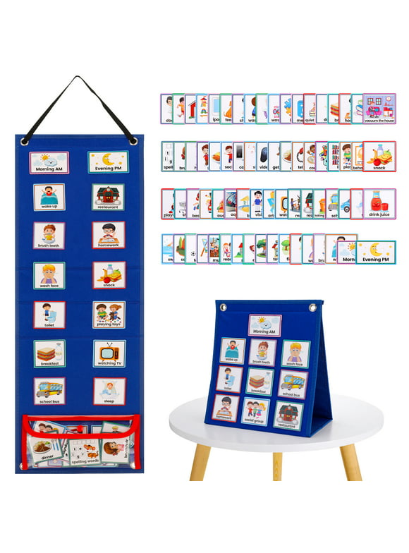 sixwipe Visual Schedule Cards for Kids, 2 in 1 Autism Daily Chore Routine Chart with 70 Autism Routine Chart Cards, Kids Visual Behavioral Tool Wall Planner with 72 Loop Dots for Home School(Blue)