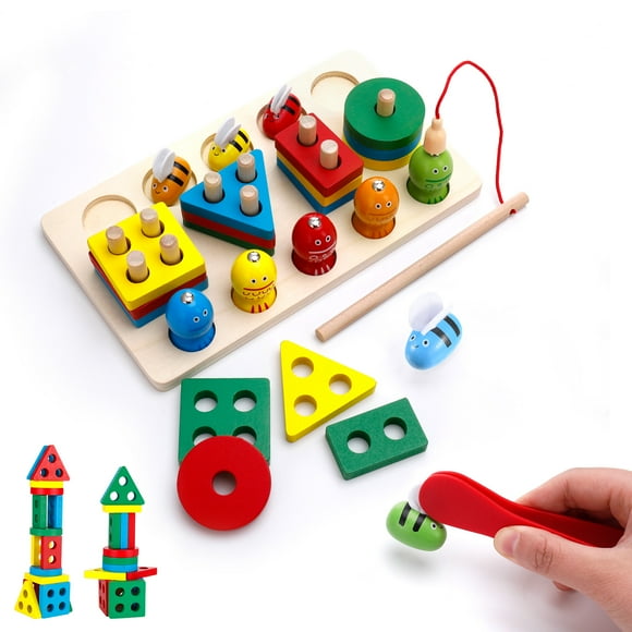 sixwipe Wooden Montessori Toys ,  Toddler Learning Shape Color Sorting and Stacking Toys, Magnetic Fishing Games Toy, Great Gift for Kids Age 3+ for Easter Festival