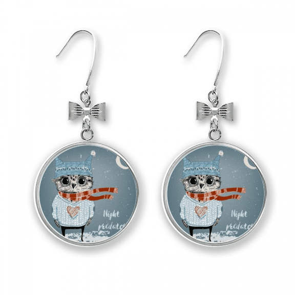 sketching lovely owl winter night bow earrings drop stud pierced hook