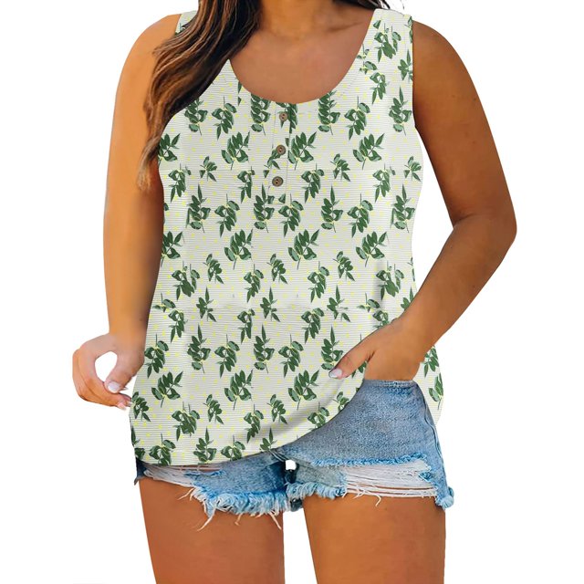 skfvkab Summer Women Sleeveless Floral Printed Button Plus Size Tank