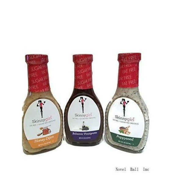skinnygirl dressing variety pack of 3 bottles, one dijon 8 oz bottle, one poppyseed 8 oz bottle, one balsamic vinaigrette 8 oz bottle