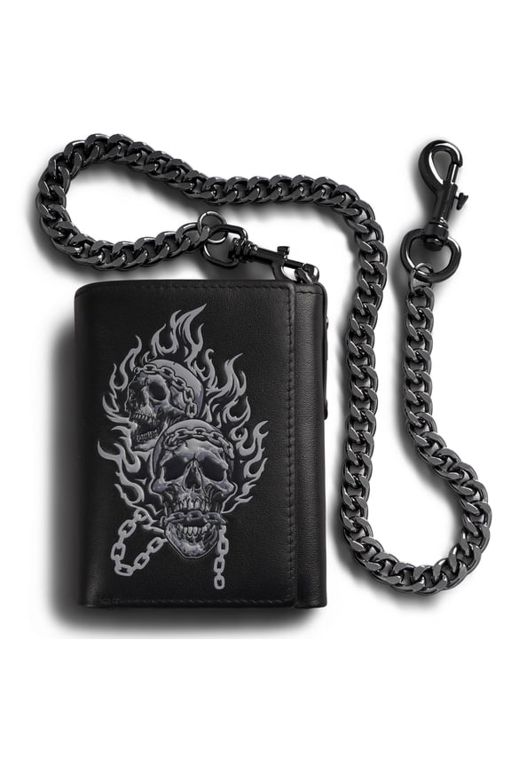 Men's Wallet With Chain Skull Trifold Wallets For Men, Soft Leather Wallet Chains Rfid Blocking Cool Mens Gift Idea (1-black) A101