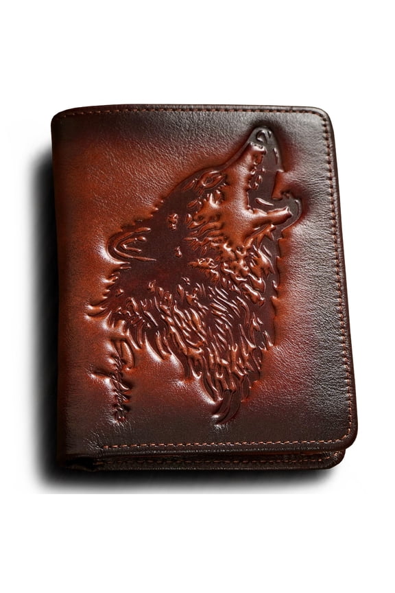 Mens Wallet With Coin Pocket,Wolf Bifold Wallets For Men Leather RFID Blocking,Gift for Him (brown) Y101
