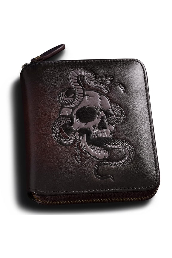 Mens Wallet Zipper,Skull Men's Leather Wallets With Coin Pocket, Multi-Functional,RFID Blocking,Gifts for Him(coffee) Y101