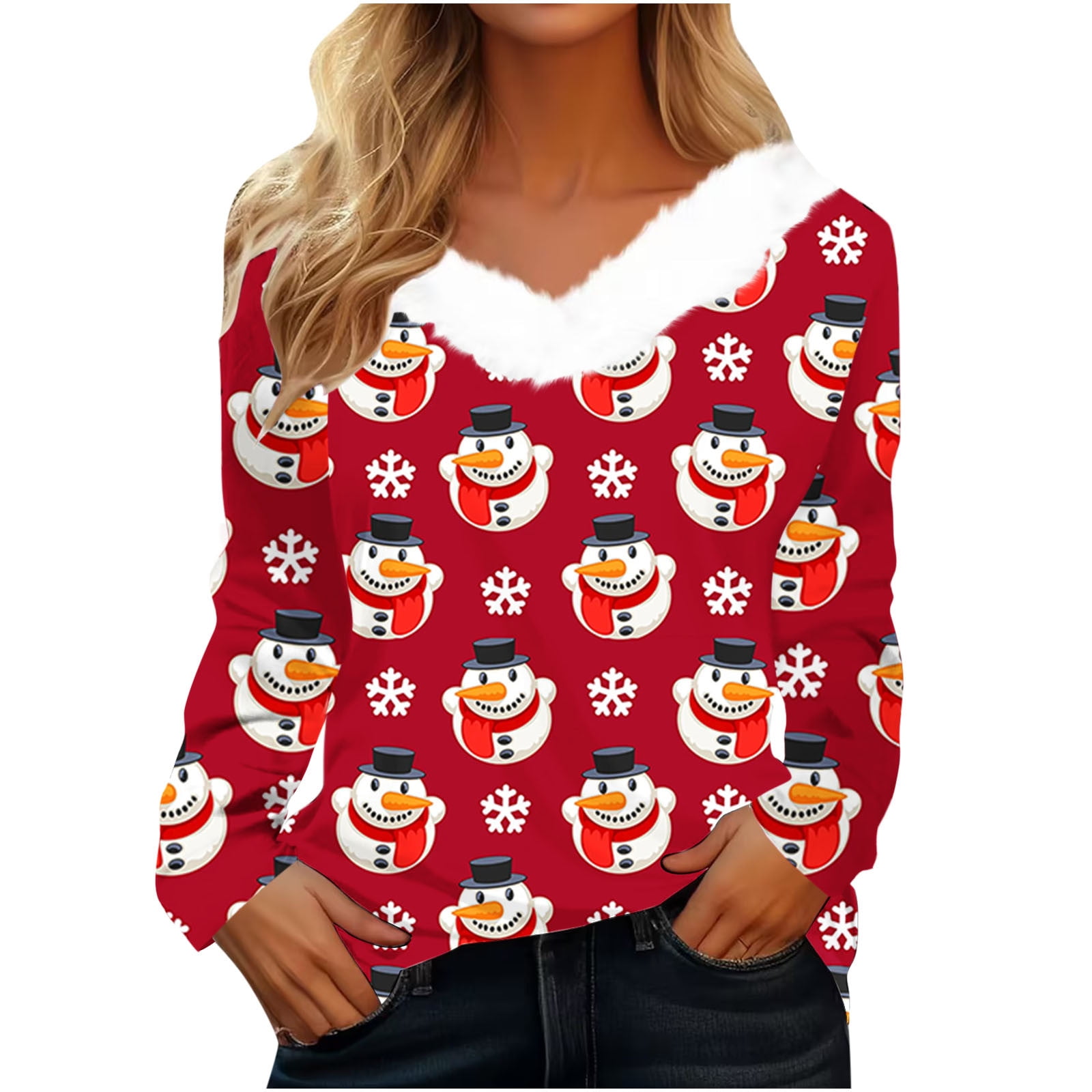 skpabo Christmas Tops for Women Ladies Christmas Plush V Neck Tops Long