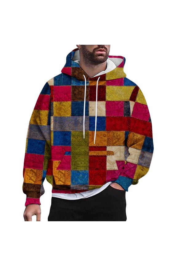 Hoodies for Men Warehouse Mens Plaid 3D Print Long Sleeve Sweatshirts Checked Hooded Sweatshirt Pullover Casual Drawstring Hoodie Loose Fit Sportswear with Pockets