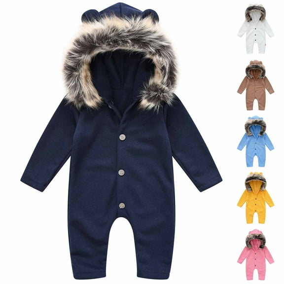 skpabo Infant Girls Boys Winter Warm Hooded Jumpsuit Snowsuit Solid Vintage Bear Ear Button Bodysuit Toddler Baby Romper Jumpsuit Navy 6-9 Months