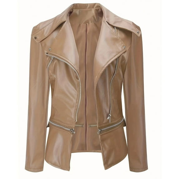 skpabo Leather Jackets for Women Ladies Casual Zip Up Trendy Bomber Motorcycle Jacket Ladies Faux Slim Fit Leather Stand Collar Suit Jackets with Pockets S-XXL