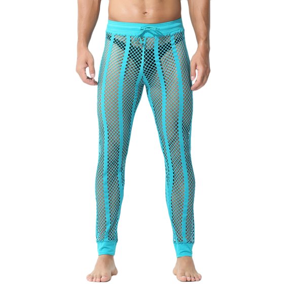 skpabo Men's Fishnet Pants Mesh See Through Muscle Leggings Stretchy Drawstring Long Pants