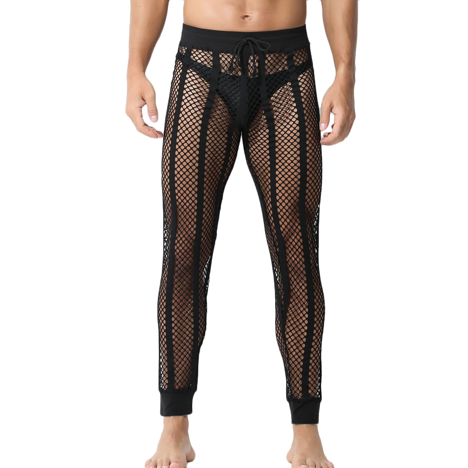 skpabo Men's Fishnet Pants Mesh See Through Muscle Leggings Stretchy  Drawstring Long Pants