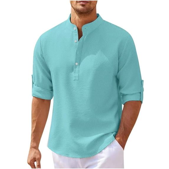 skpabo Men's Henley Shirts Warehouse Mens Regular-Fit Long Sleeve Solid Color Waffle Henley Shirt Button Blouse Tops Casual Plain T Shirt Tops for Men Size 8-22