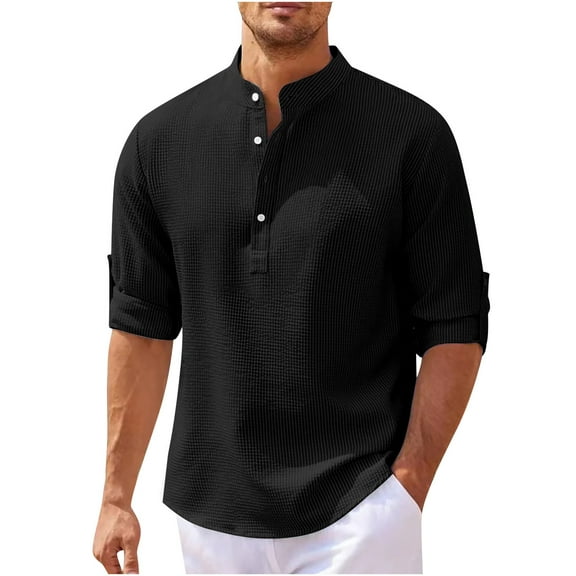 skpabo Men's Henley Shirts Warehouse Mens Regular-Fit Long Sleeve Solid Color Waffle Henley Shirt Button Blouse Tops Casual Plain T Shirt Tops for Men Size 8-22