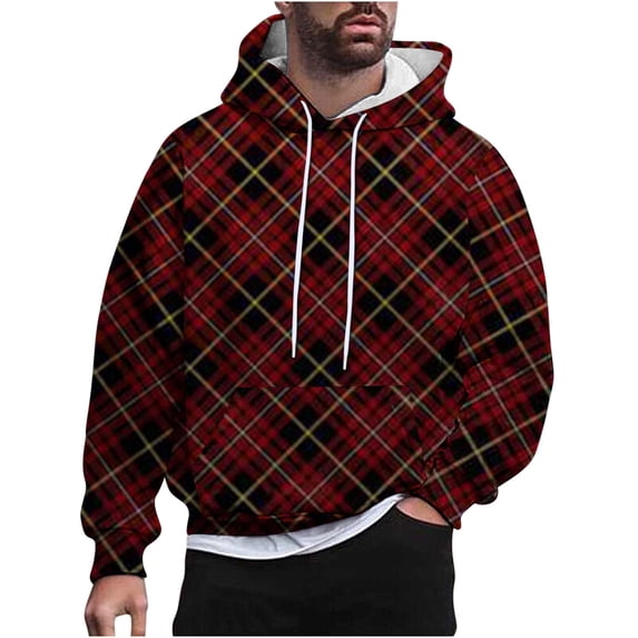 skpabo Men's Hoodies Warehouse Sweatshirt Mens Long Sleeve Tops Checked Hooded Sweatshirt Pullover Casual Drawstring Plaid Printed Hoodie Loose Fit Sportswear