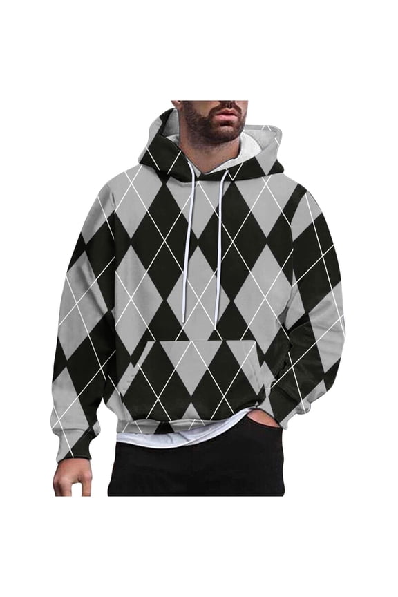 Men's Hoodies Warehouse Sweatshirt Mens Long Sleeve Tops Checked Hooded Sweatshirt Pullover Casual Drawstring Plaid Printed Hoodie Loose Fit Sportswear