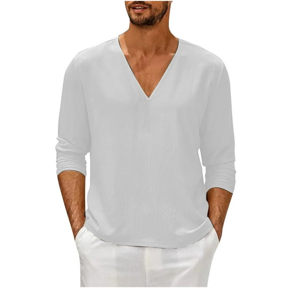 skpabo Men's Long Sleeve Top Warehouse Mens Solid Color Cotton Linen Shirt Loose Fit Casual V Neck Summer Beach Shirt Comfortable Lightweight Plain Grandad Shirts Tops