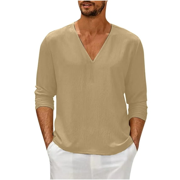 skpabo Men's Long Sleeve Top Warehouse Mens Solid Color Cotton Linen Shirt Loose Fit Casual V Neck Summer Beach Shirt Comfortable Lightweight Plain Grandad Shirts Tops