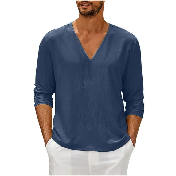 skpabo Men's Long Sleeve Top Warehouse Mens Solid Color Cotton Linen Shirt Loose Fit Casual V Neck Summer Beach Shirt Comfortable Lightweight Plain Grandad Shirts Tops