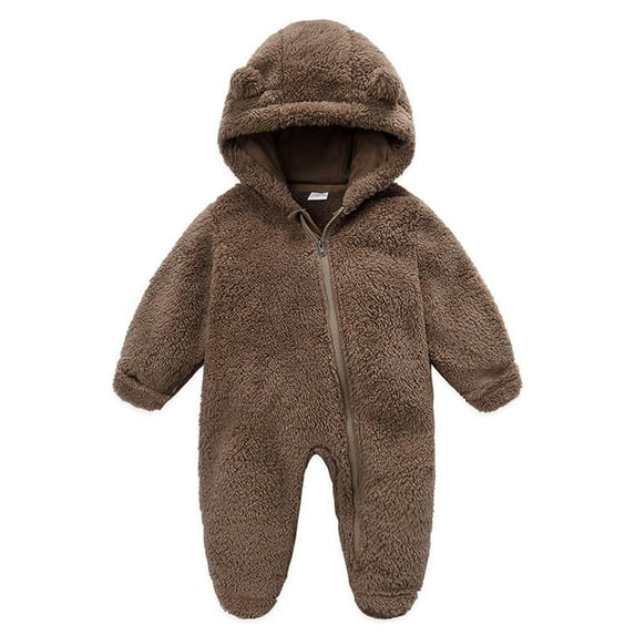skpabo Newborn Baby Boy Girl Zipper Fleece Footie Jumpsuit Bear Ears Hooded Snowsuit Long Sleeve Fleece Romper Winter Outfits Brown 9-12 Months