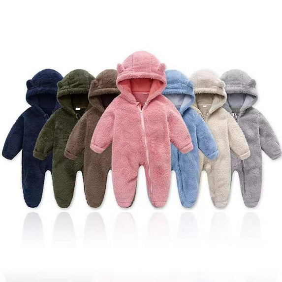skpabo Newborn Baby Boy Girl Zipper Fleece Footie Jumpsuit Bear Ears Hooded Snowsuit Long Sleeve Fleece Romper Winter Outfits Pink 6-9 Months