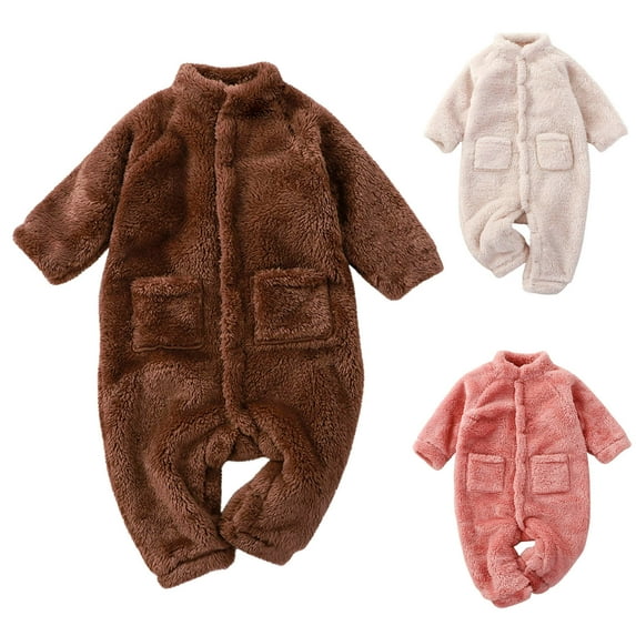 skpabo Toddler Girls Boys Button Fuzzy Sherpa Fleece Footie Jumpsuit Long Sleeve Plush Romper Outerwear Infant Baby Winter Warm Coat Brown 12-24 Months