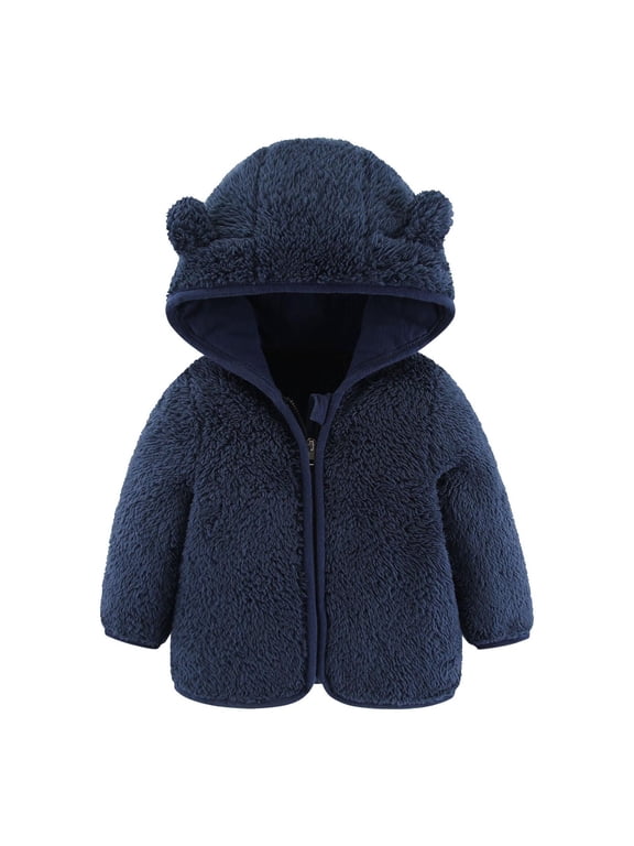 Toddler Girls Boys Cute Fleece Jacket Bear Ear Hoodie Sweater Zip Up Teddy Fuzzy Warm Coat Infant Baby Winter Outwear Clothes Navy 12-18 Months