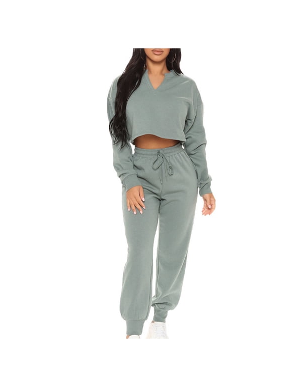 Tracksuit Womens Full Set Long Sleeves V Neck Baggy Pullover Tops Wide Leg Pants Active Wear Sets Loose Fit Casual Plain Soft Sweatsuit Sets