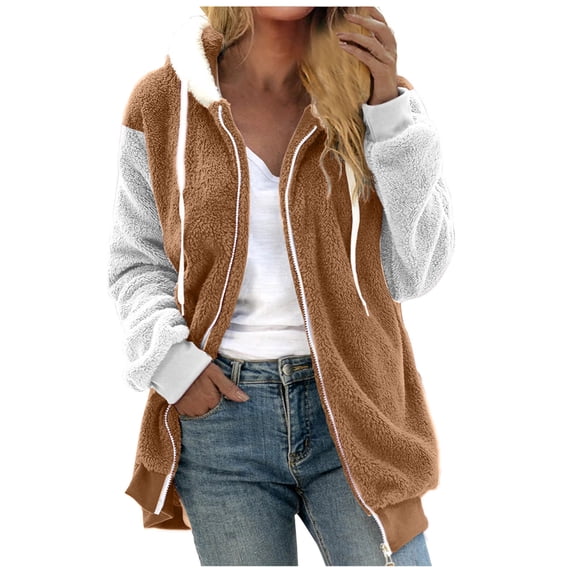 skpabo Winter Jackets for Women Fleece Coats Zip Up Color Block Fluffy Hoodie Coats Casual Plus Size Velvet Overcoat Padded Warm Plush Jacket Cardigan Outerwear