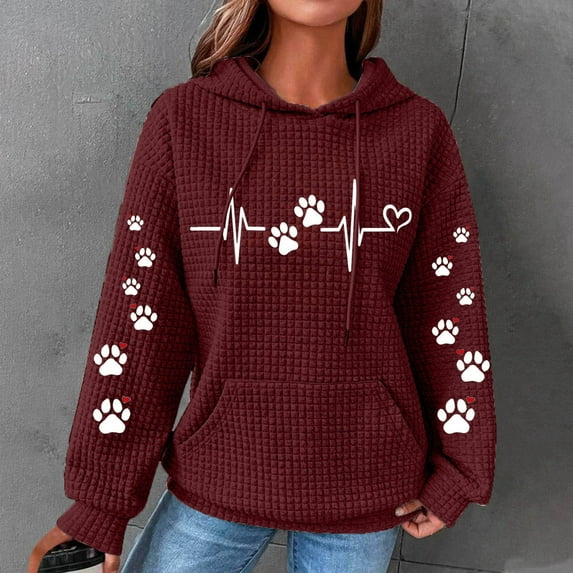 skpabo Women loose causal Sweatshirt Long Sleeve Hooded Sweater Dog Paw Heart Printed Round Neck Hooded Long Sleeve Hooded Top Sweatshirt with drawstring for holiday outgoing size
