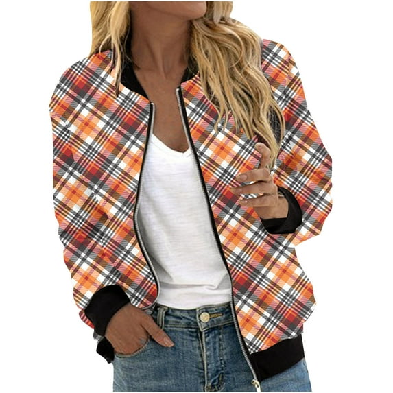 skpabo Women's Bomber Jackets Zip Up Lightweight Jacket Flight Jackets Casual Plaid Lapel Coat Open Front Cardigan Outdoor Running Jacket S-XXL