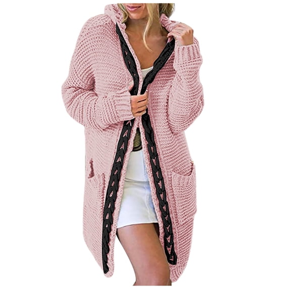 skpabo Women's Knitted Cardigans Open Front Hooded Sweaters Long Cardigans Jumpers with Pockets Ladies Long Sleeve Knitwear Oversized Sweater Outerwear for Autumn Winter Spring