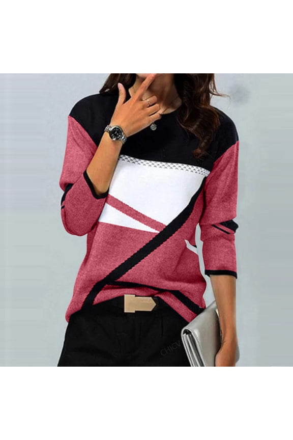 Womens Jumper Ladies Sweatshirts Curved Hem Long Sleeve Tops Casual Loose Casual Geometric Print Round Neck Long Sleeve T-Shirt Loose Top