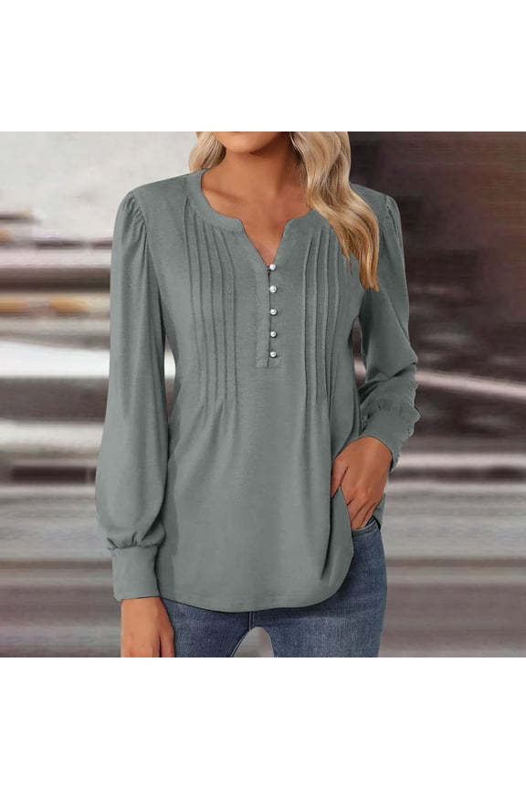 Womens V Neck plain Top Tunic button up Tops long Sleeves Ladies Casual Loose Comfy Breathe Blouse Elegant Button UP Pullover T-Shirt for Party Dance Office Size 8-16
